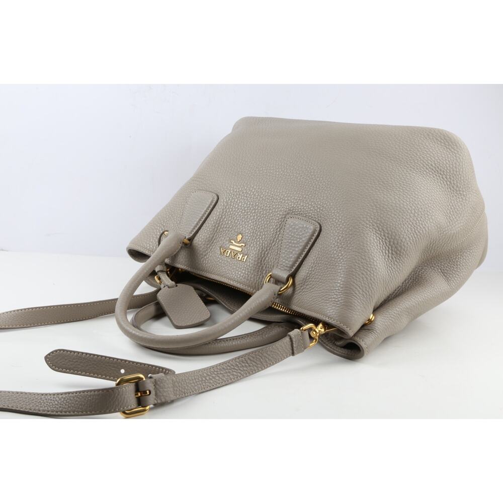 PRADA Vitello Daino Tote Taupe Gray Pebbled Grained Leather Shoulder Strap Bag - Picture 11 of 16
